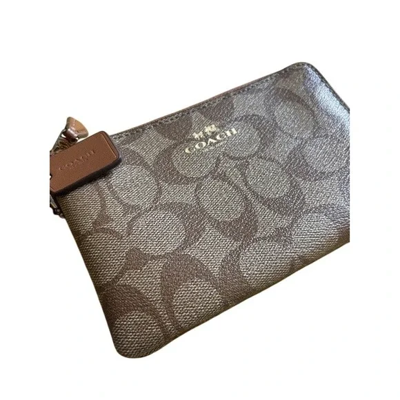 Coach Double Zip Wristlet in Signature Canvas Brown Khaki F58035 Gold Hardware - Picture 2 of 8